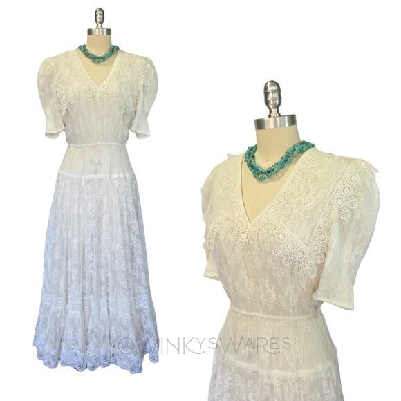 Gunne Sax White Lace Midi Dress Size 4 Vintage 80s Edwardian Romantic Wedding - Picture 1 of 12